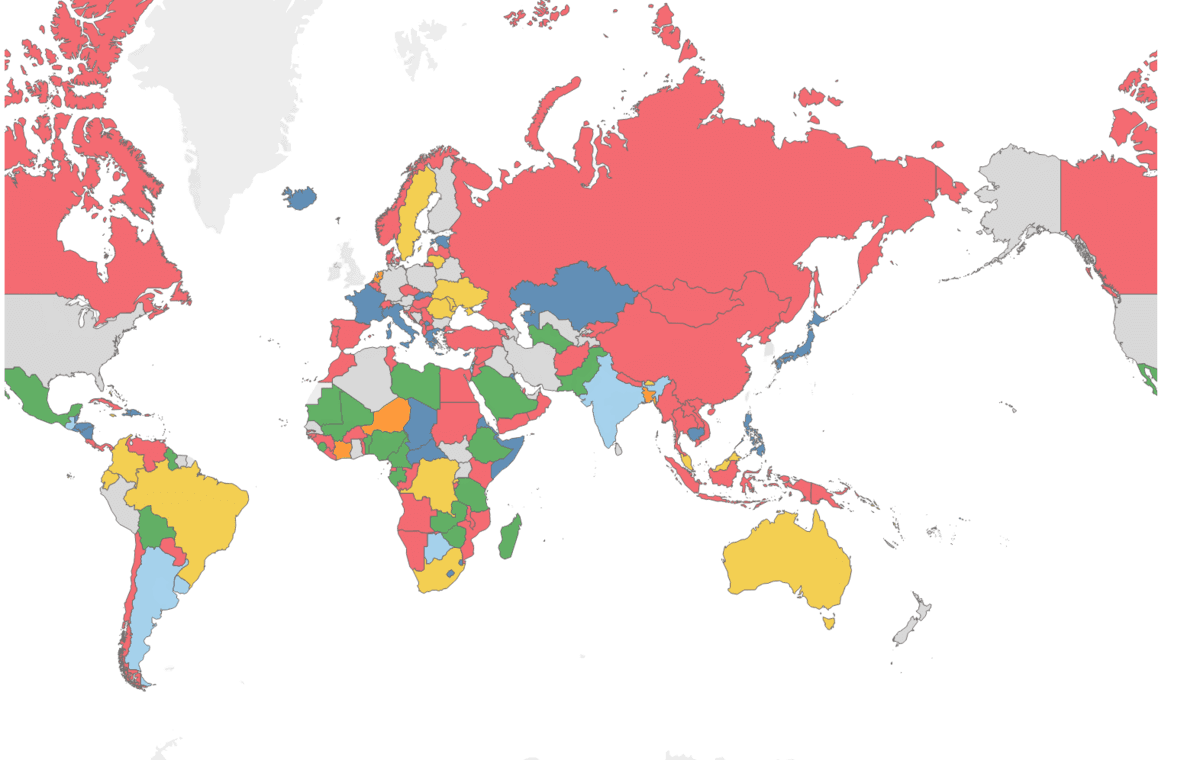 各国のユニフォーム主要色で塗り分けた世界地図